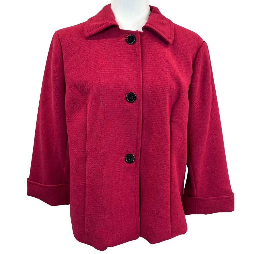 Focus 2000 Red 3/4 Sleeve Button Front Blazer Jacket Size 14 Office Career‎ Wear